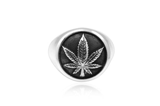 925 Sterling Silver Signet Marijuana Pot Leaf Cannabis Smoke Weed Ganja Hippy Ring - SilverMania925