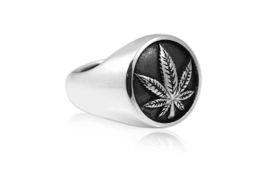 925 Sterling Silver Signet Marijuana Pot Leaf Cannabis Smoke Weed Ganja Hippy Ring - SilverMania925