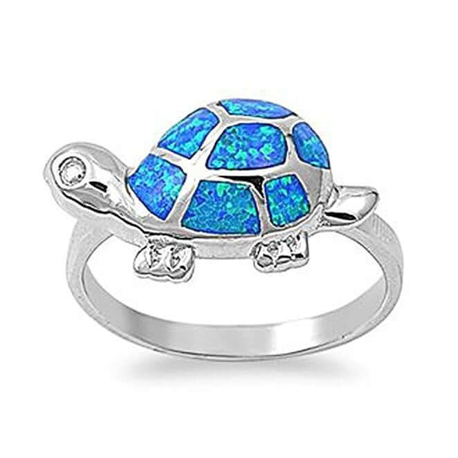 925 Sterling Silver Hawaiian Blue Fire Inlay Opal Lucky Turtle Ring - SilverMania925