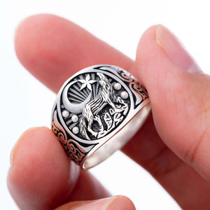 925 Sterling Silver Howling Wolf Wiccan Ring