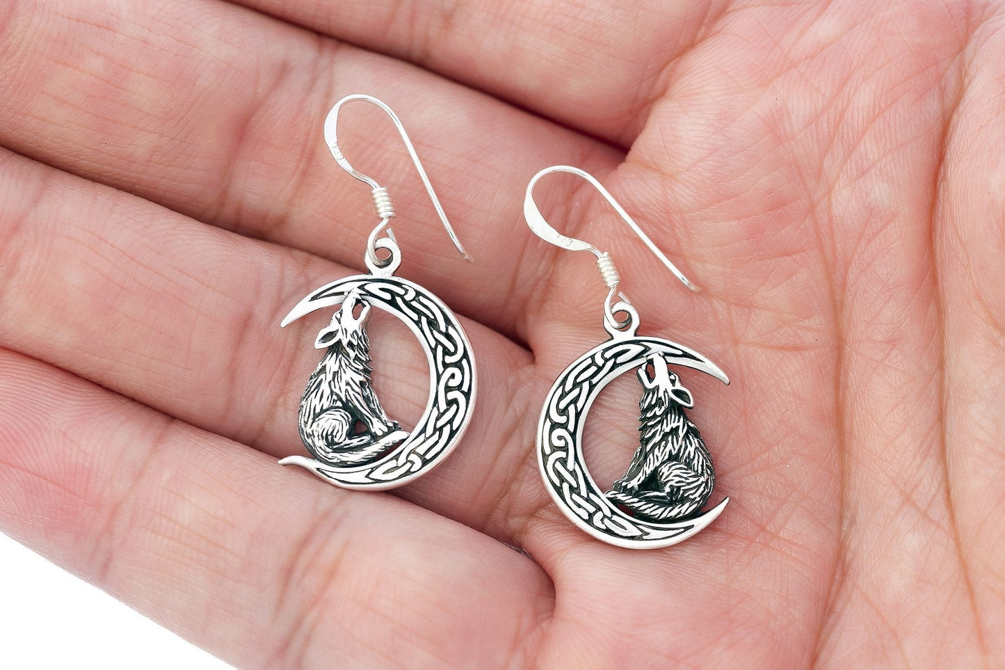 925 Sterling Silver Viking Wolf on Crescent Moon Earrings Set - SilverMania925