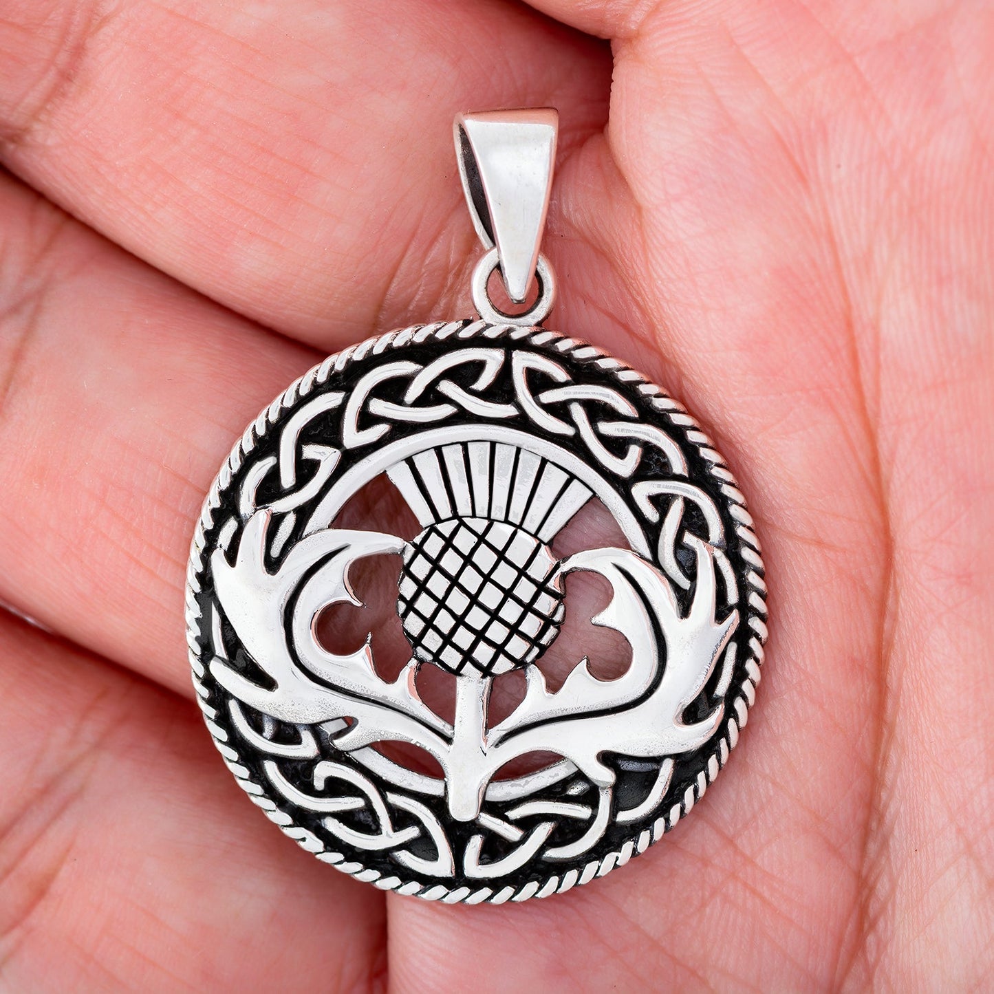 925 Sterling Silver Scottish Thistle Pendant with Celtic Knots - SilverMania925