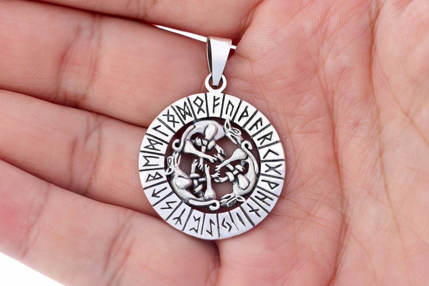 925 Sterling Silver Viking Wolves Pendant with Runes - SilverMania925