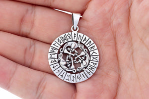 925 Sterling Silver Viking Wolves Pendant with Runes