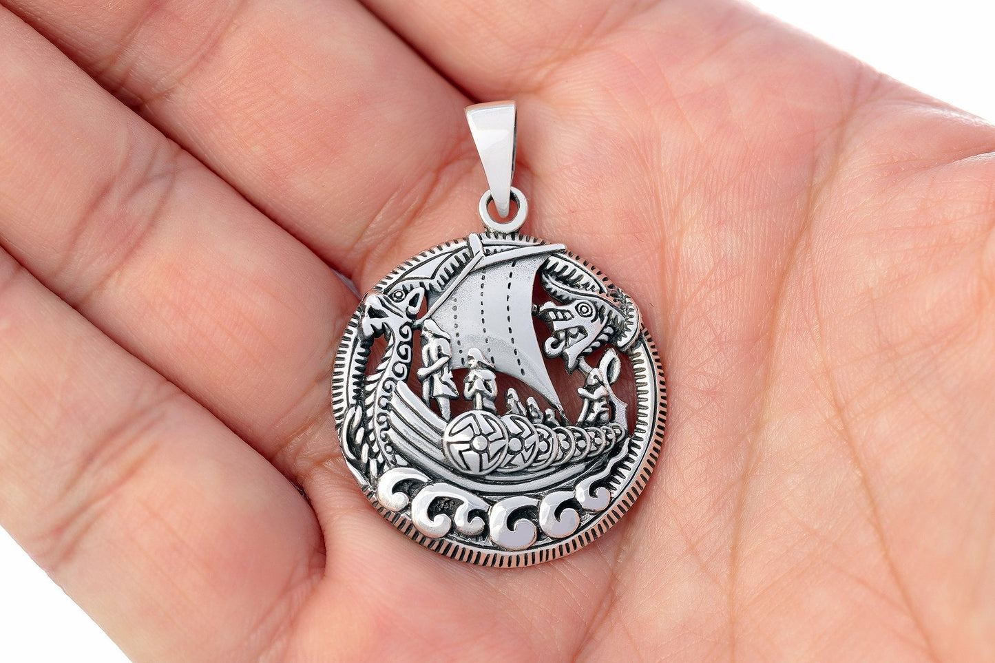 925 Sterling Silver Viking Drakkar Ship Pendant - SilverMania925