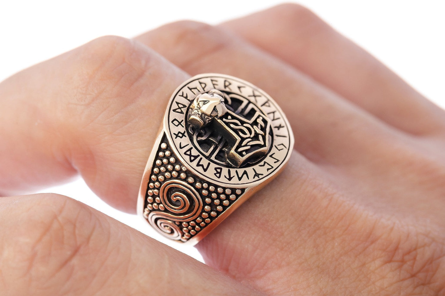 Viking Thor Hammer Runes Ring Handcrafted from Bronze - SilverMania925