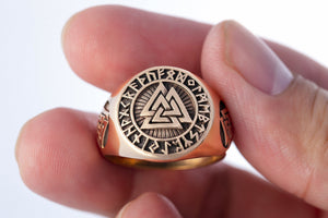Valknut Viking Norse Runes Bronze Ring