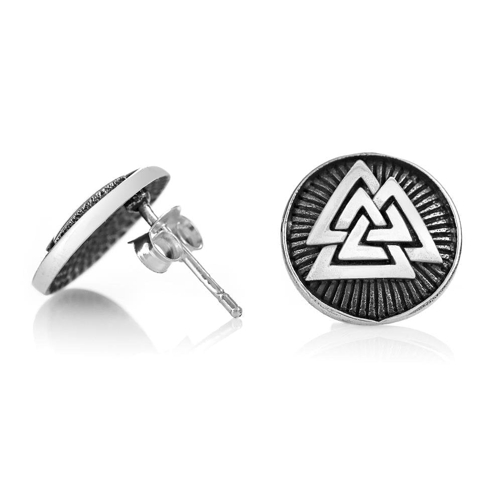 925 Sterling Silver Valknut Odin Viking Norse Runes Runic Stud Earrings Set
