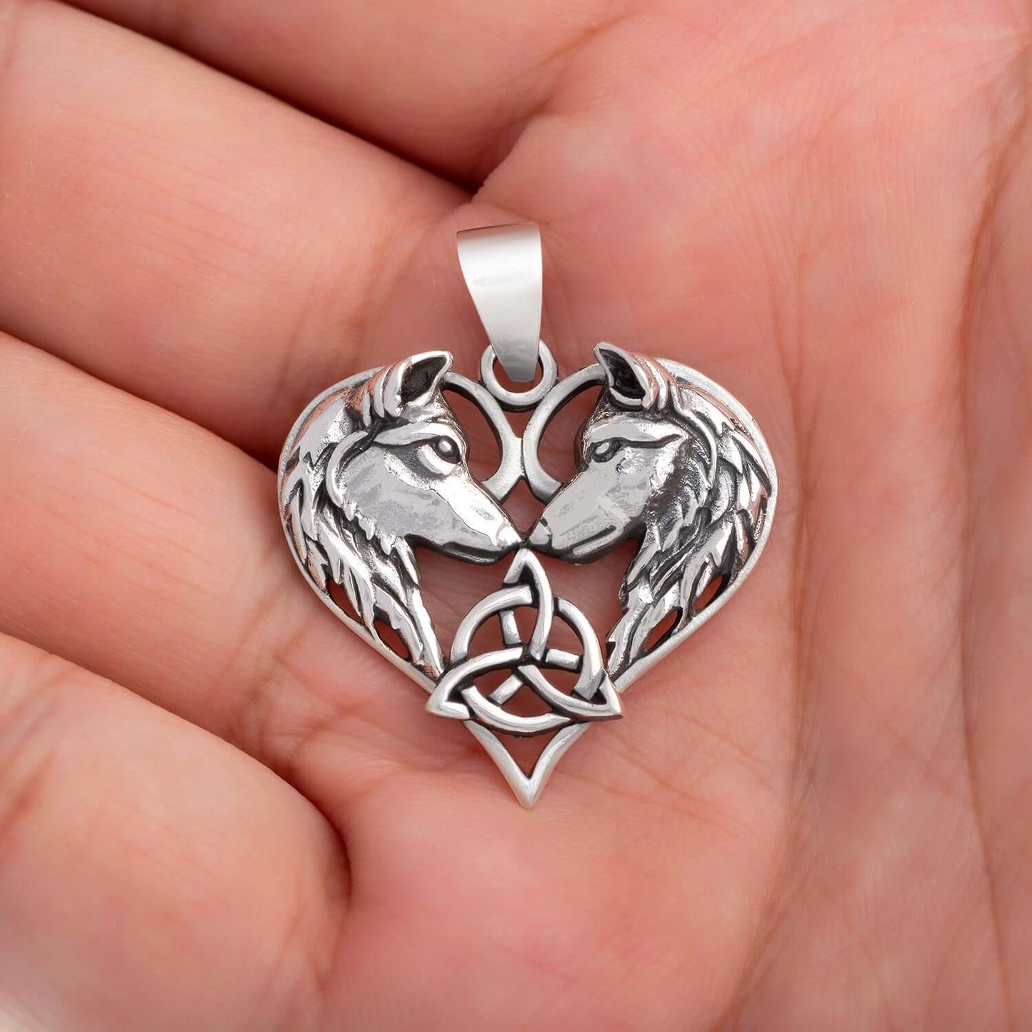 925 Sterling Silver Pair of Viking Wolves Pendant with Triquetra - SilverMania925