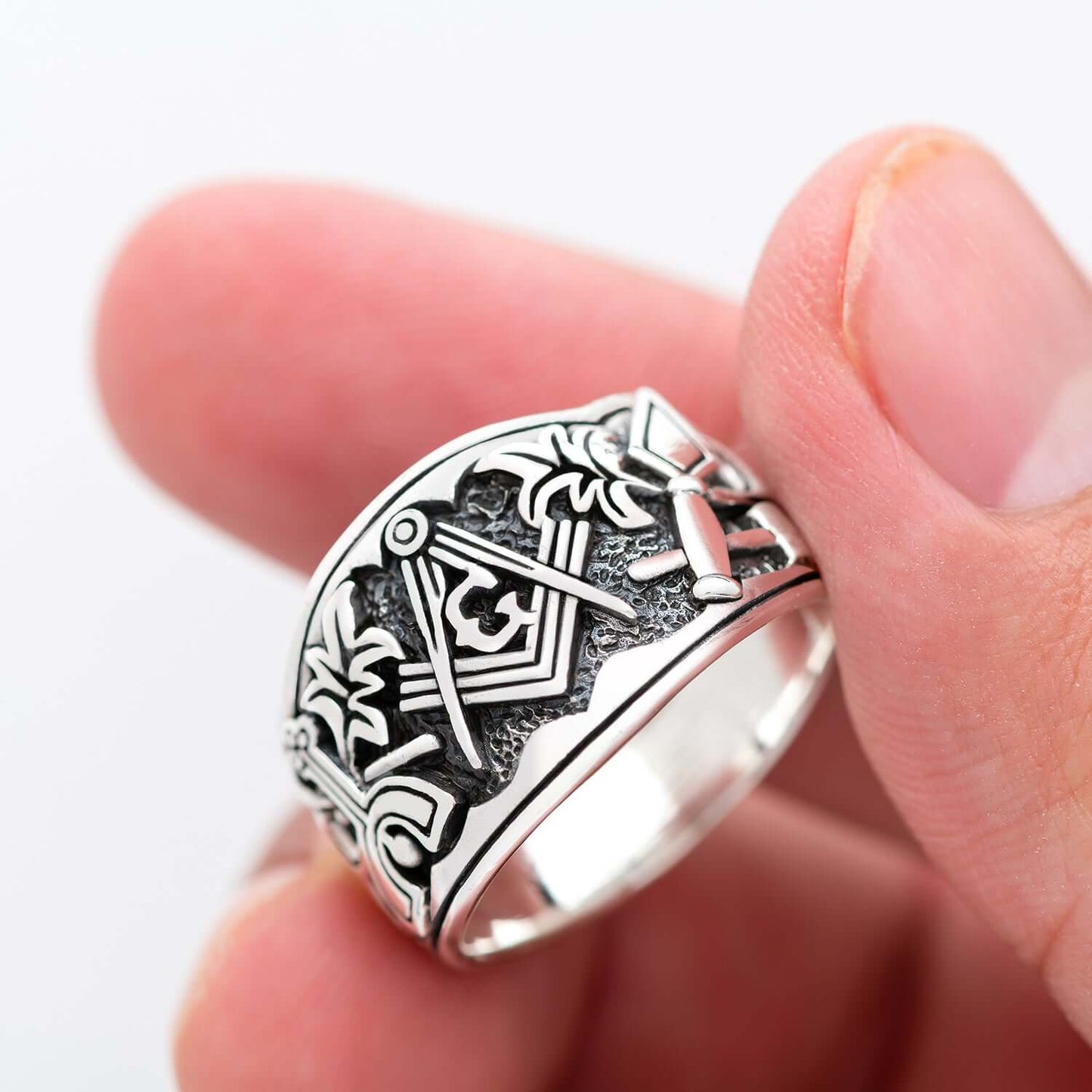 925 Sterling Silver Cigar Band Style Masonic Ring - SilverMania925