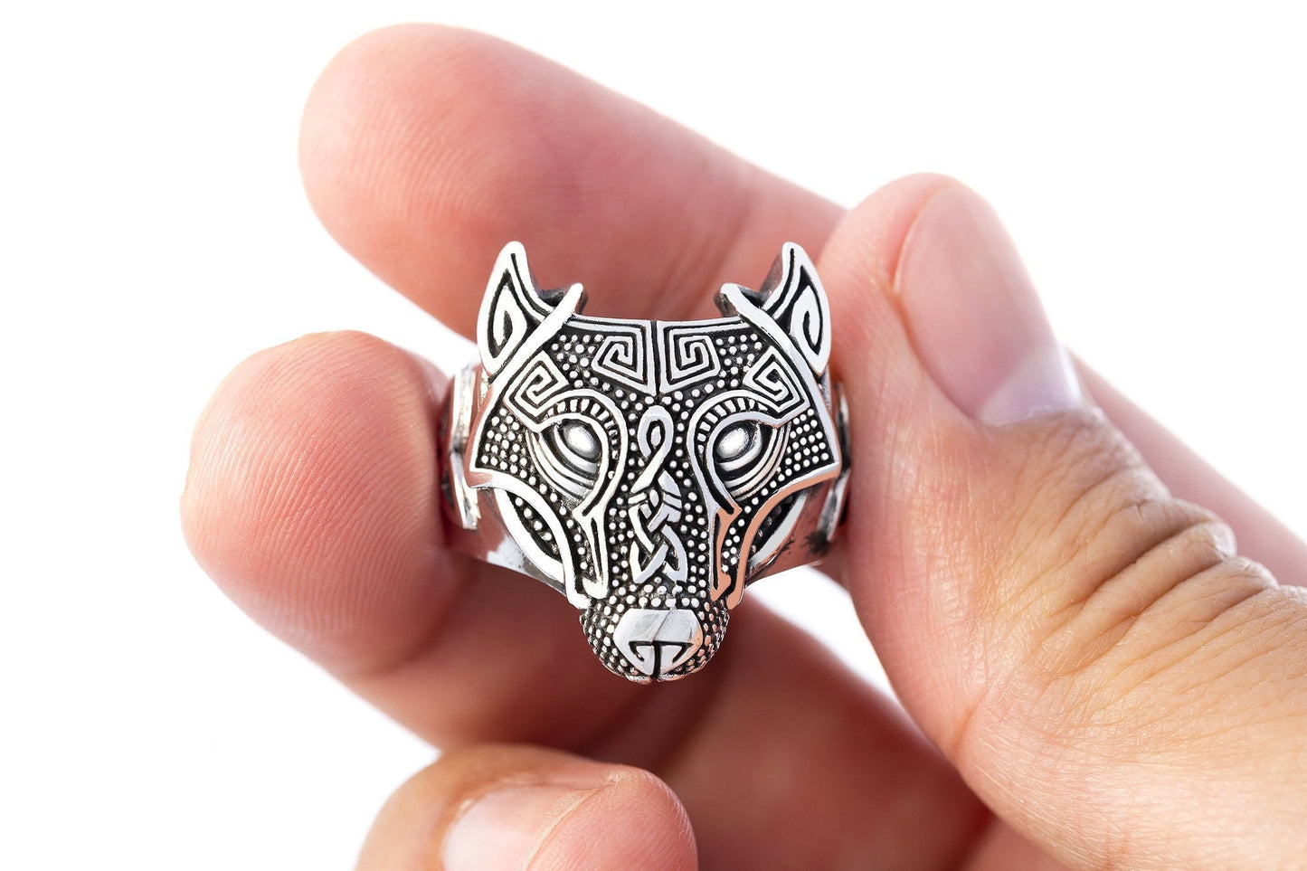 925 Sterling Silver Viking Wolf Fenrir Head Ring - SilverMania925