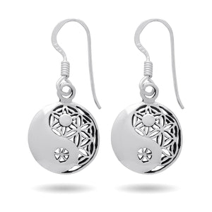 925 Sterling Silver Ying Yang Flower of Life Earrings