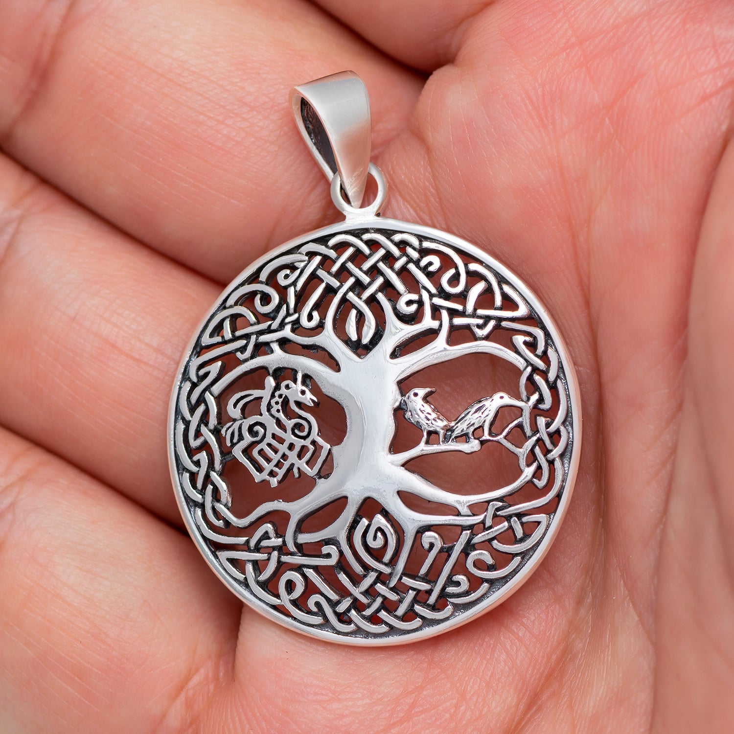 925 Sterling Silver Viking Yggdrasil Pendant with Raven and Sleipnir
