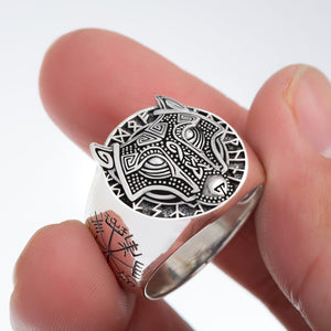Sterling Silver Viking Ring with Fenrir and Vegvisir