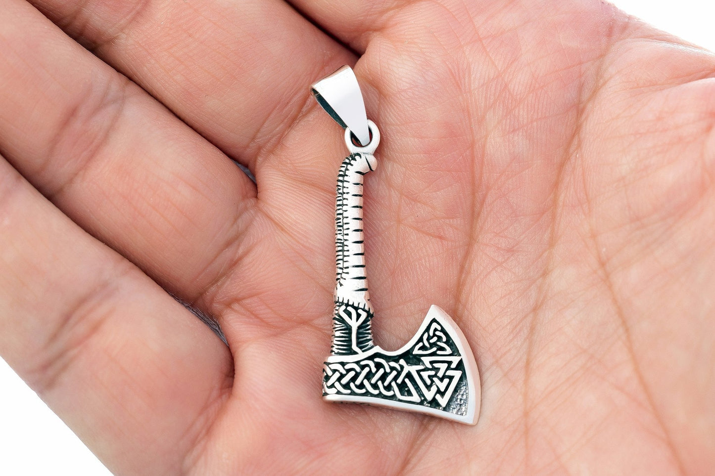 925 Sterling Silver Viking Axe with Valknut Double Sided Pendant - SilverMania925