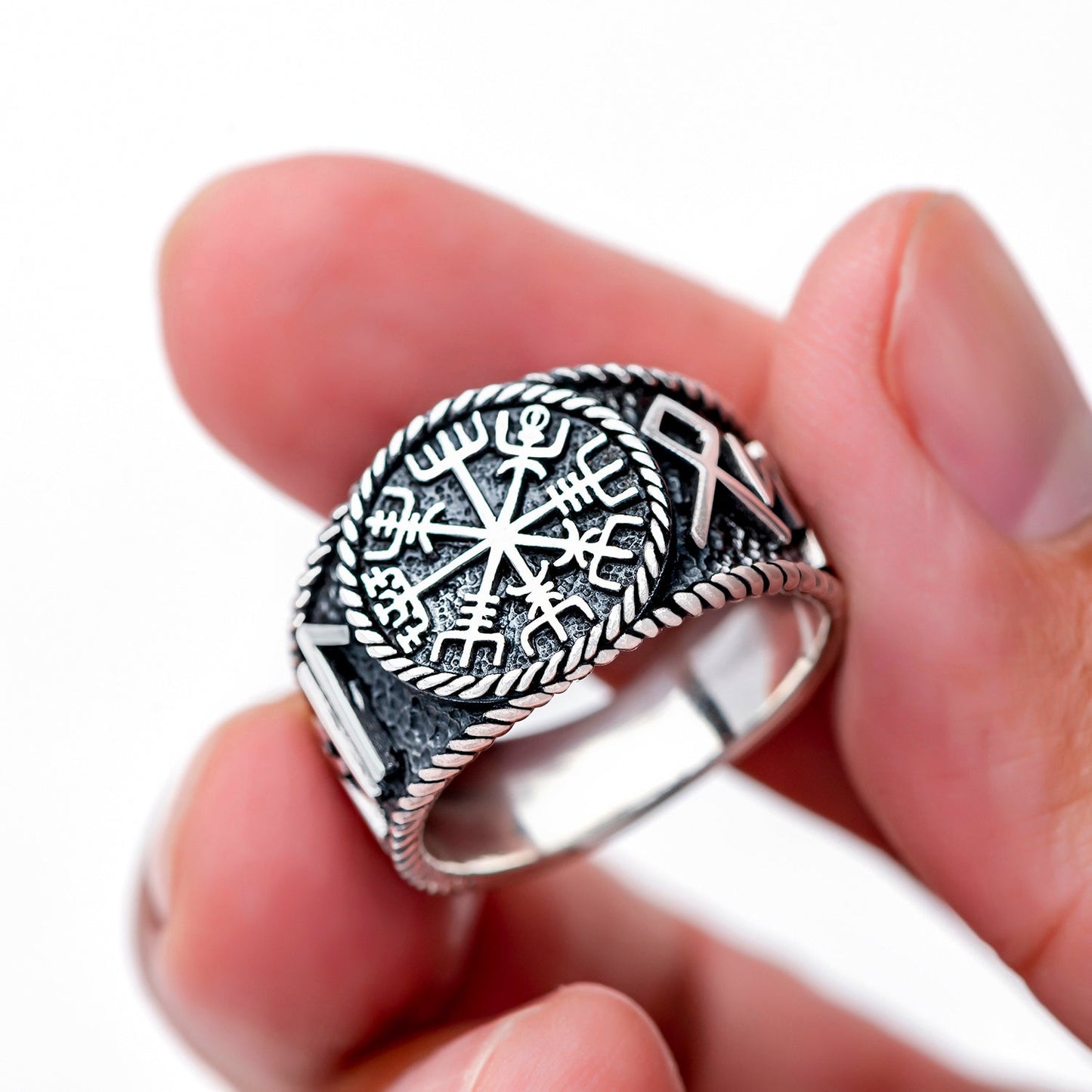 925 Sterling Silver Viking Vegvisir with Runes Ring - SilverMania925