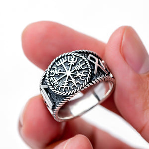 925 Sterling Silver Viking Vegvisir with Runes Ring