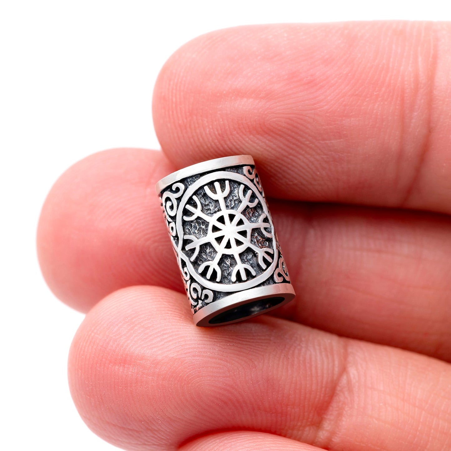 925 Sterling Silver Viking Beard Hair Bead with Helm of Awe - SilverMania925