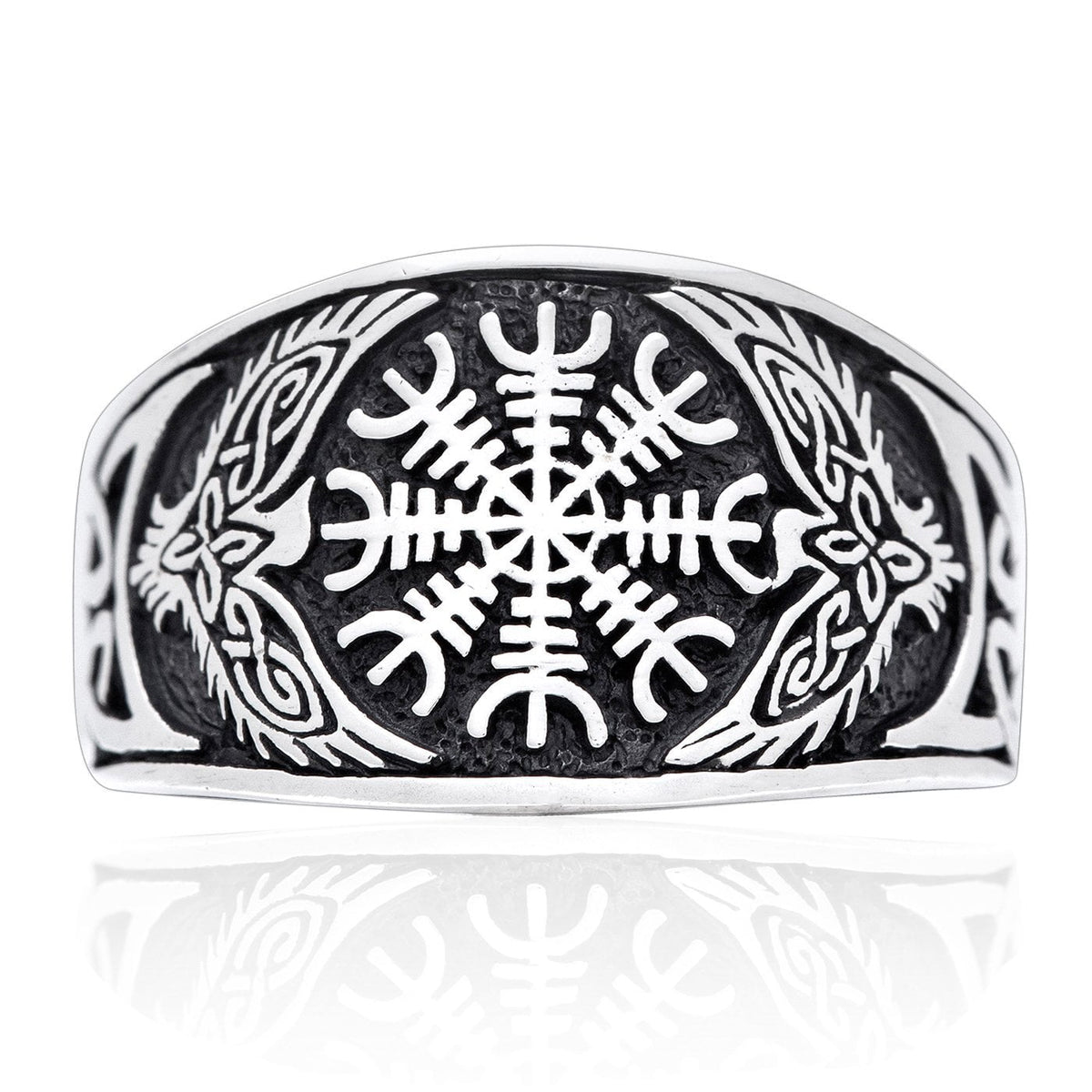 925 Sterling Silver Viking Raven Aegishjalmur Helm of Awe Celtic Knotwork Ring - SilverMania925