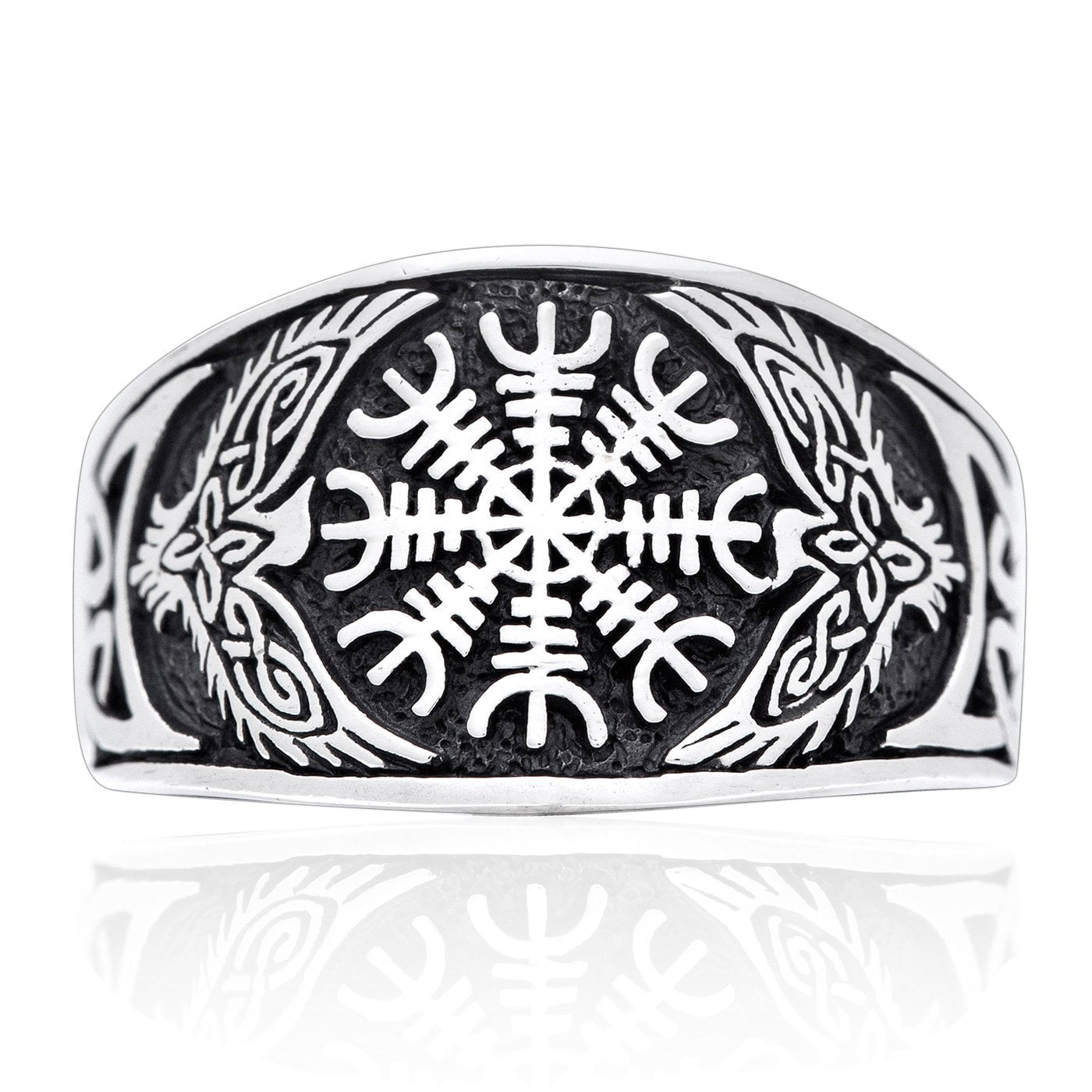 925 Sterling Silver Viking Raven Aegishjalmur Helm of Awe Celtic Knotwork Ring