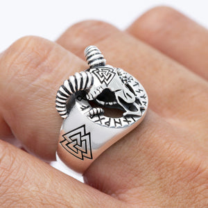 Sterling Silver Viking Goat with Valknut and Runes Ring
