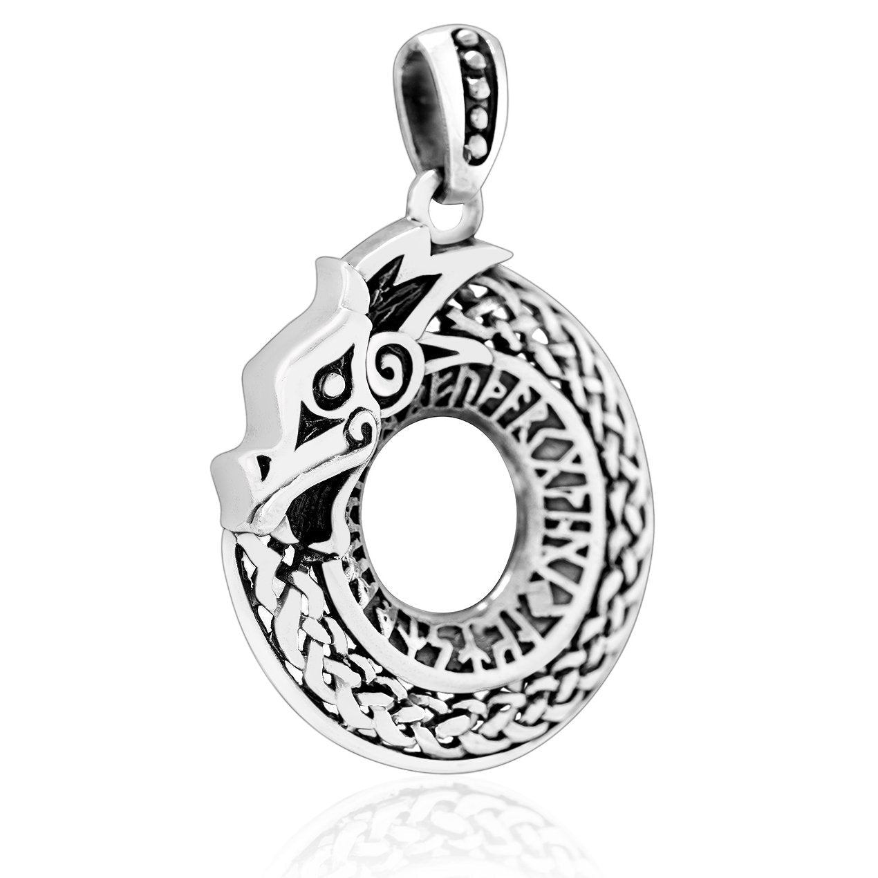 925 Sterling Silver Viking Dragon Jormungand Runes Futhark Pendant - SilverMania925
