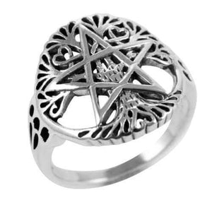 925 Silver Cut Out Ancient Tree Of Life Pentacle Wiccan Pagan Pentagram Ring