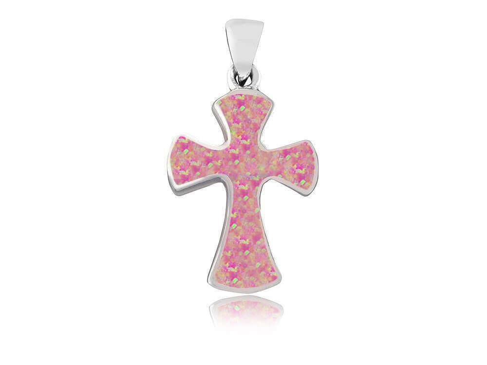 925 Sterling Silver Pink Fire Inlay Opal Gothic Cross Charm Pendant - SilverMania925