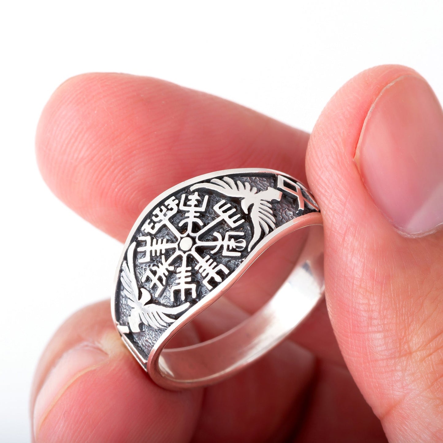925 Sterling Silver Viking Vegvisir Ring with Raven and Runes - SilverMania925