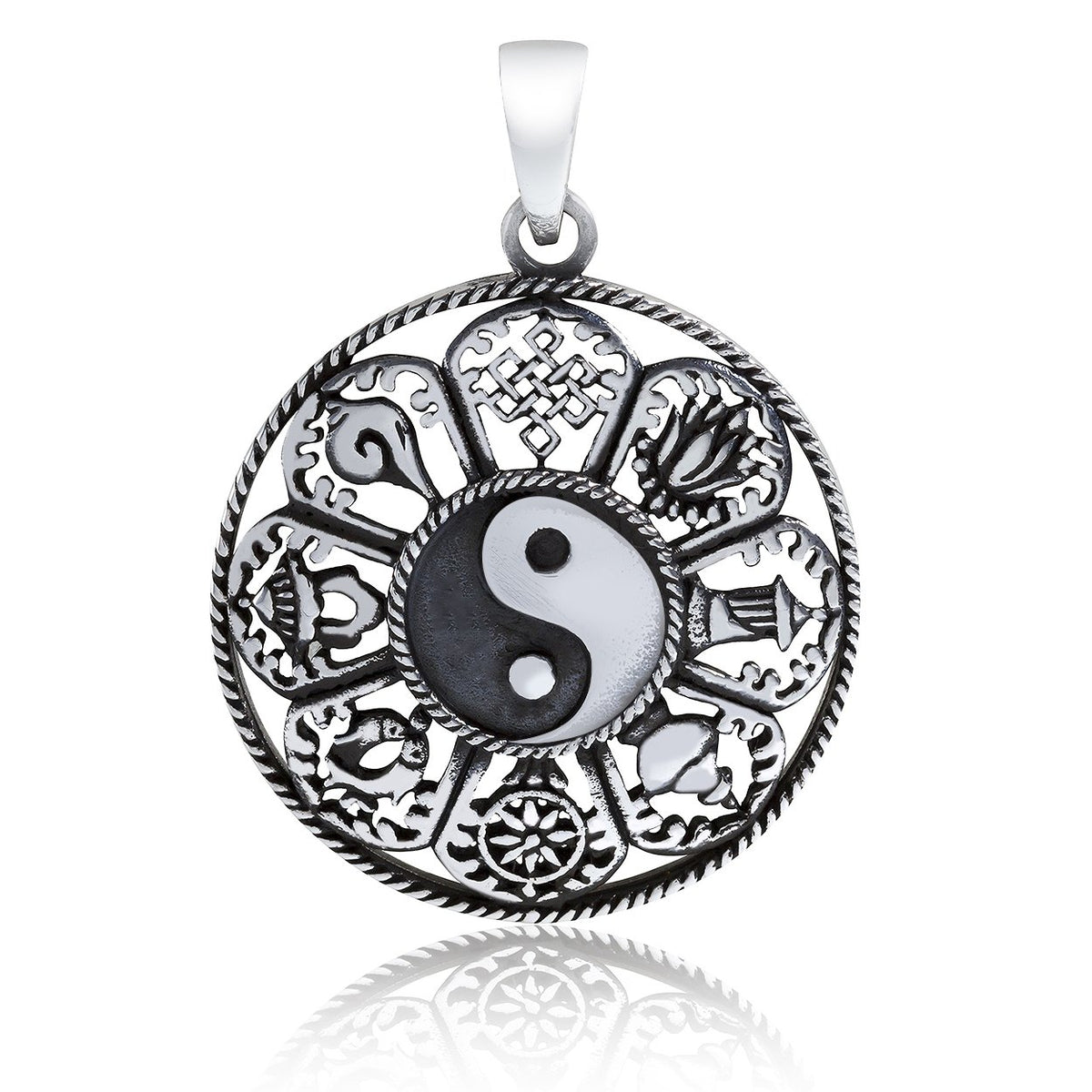 925 Sterling Silver Yin Yang Ashtamangala Hindu Tibetan Buddhism Pendant - SilverMania925