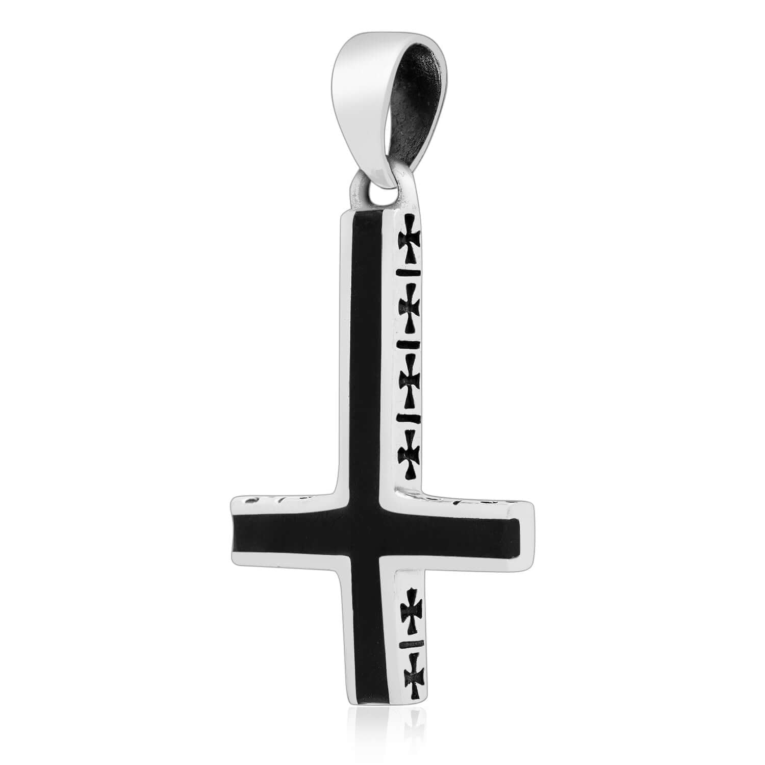925 Sterling Silver Inverted Cross Satanic Pendant with Black Enamel - SilverMania925