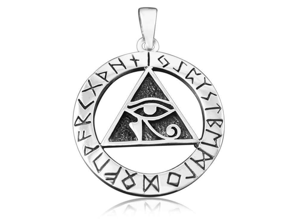 925 Sterling Silver Egyptian Eye of Horus Illuminati Udjat Norse Viking Runes Futhark Pendant - SilverMania925