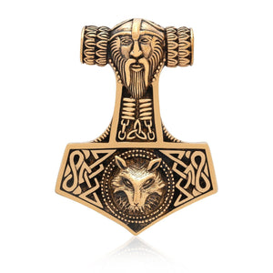 Thor Hammer Bronze Handcrafted Pendant with Viking Wolf