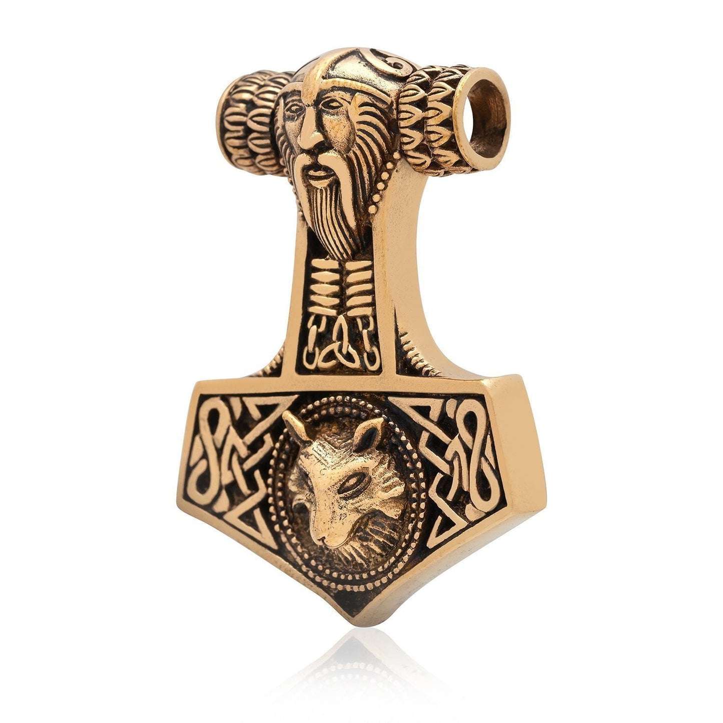 Thor Hammer Bronze Handcrafted Pendant with Viking Wolf - SilverMania925