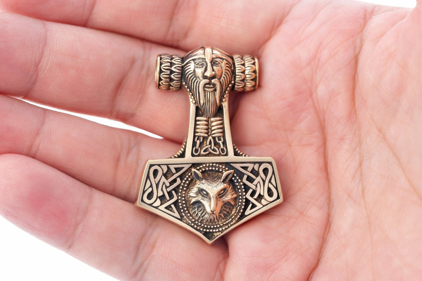 Thor Hammer Bronze Handcrafted Pendant with Viking Wolf - SilverMania925