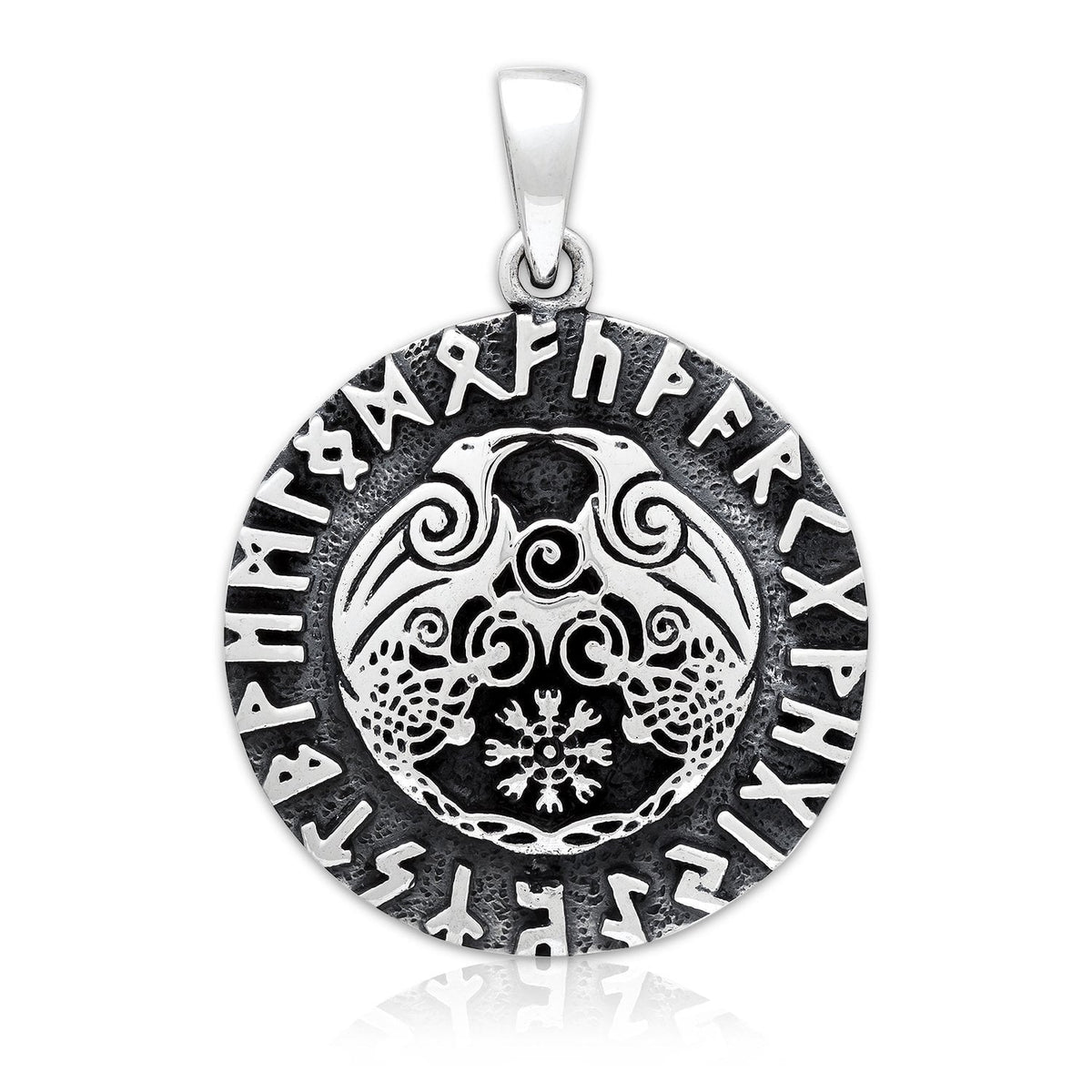 925 Sterling Silver Viking Huginn and Muninn Raven Helm of Awe Runes Pendant - SilverMania925