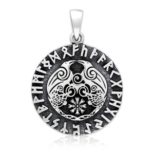 925 Sterling Silver Viking Huginn and Muninn Raven Helm of Awe Runes Pendant