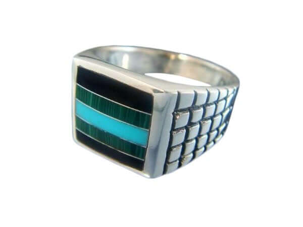 925 Sterling Silver Mens Onyx Malachite Turquoise Ring