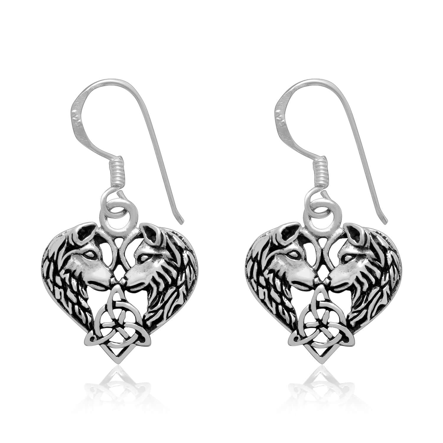 925 Sterling Silver Pair of Viking Wolves with Triquetra Earrings Set