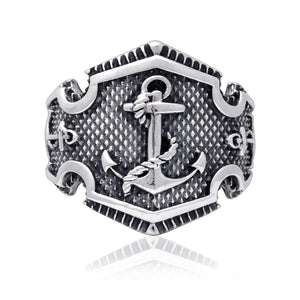 925 Sterling Silver Anchor Nautical Rope Ship Signet Ring