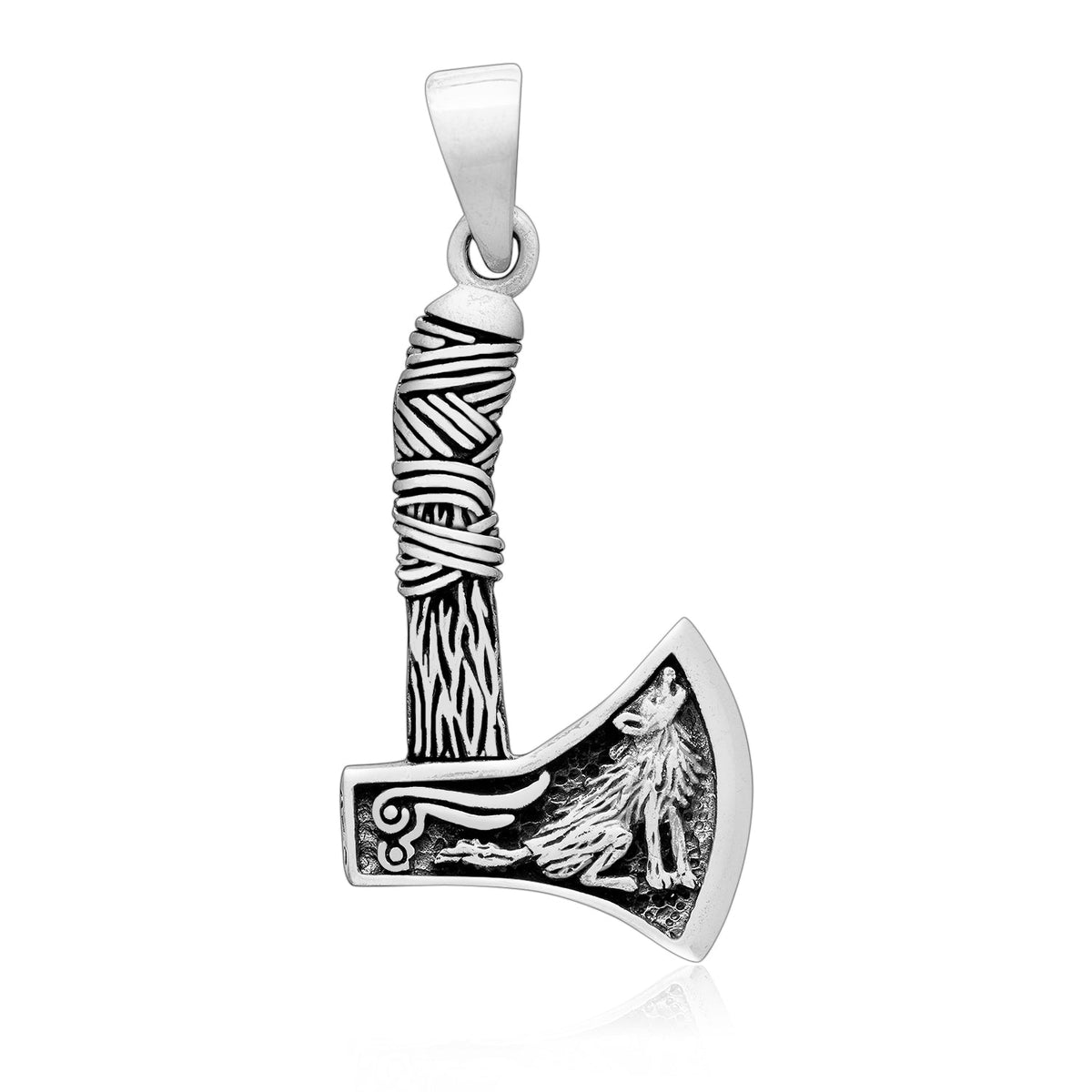 925 Sterling Silver Viking Axe with Howling Wolf Pendant - SilverMania925