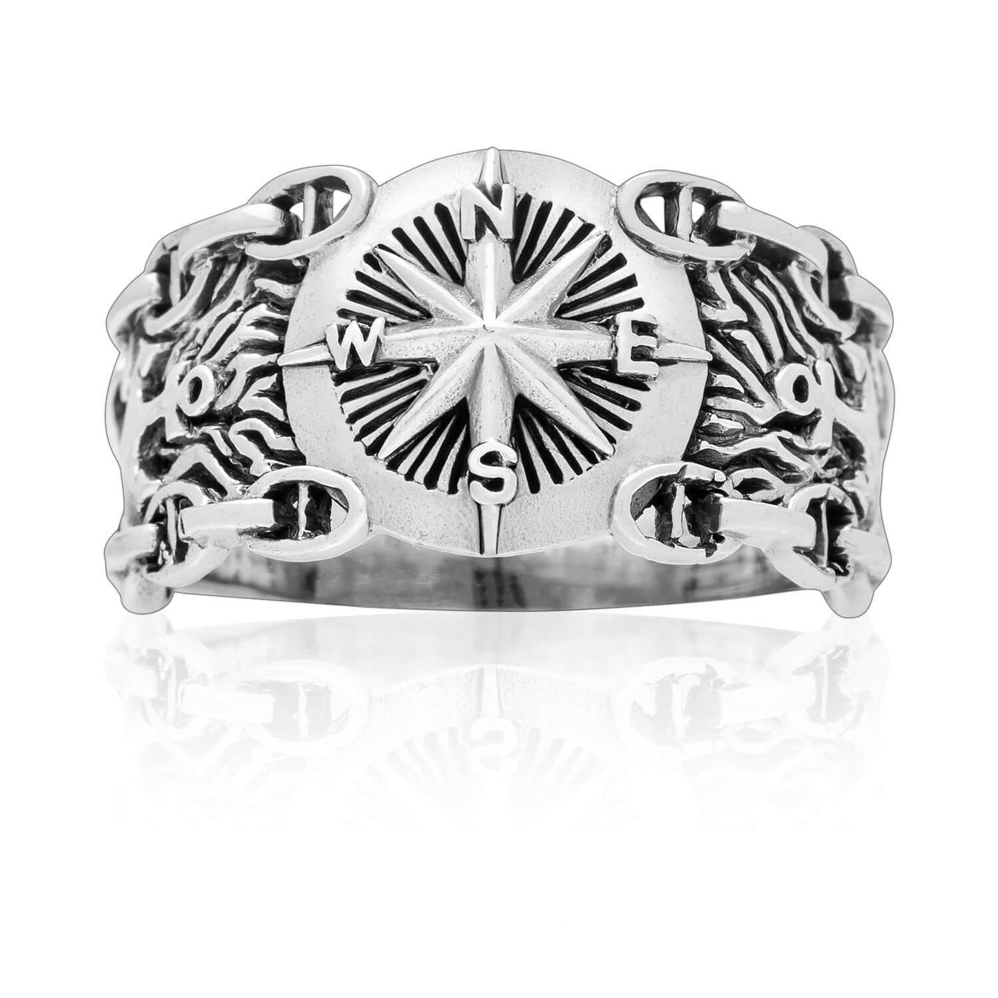 925 Sterling Silver Nautical Compass Ring with Chains and Anchor