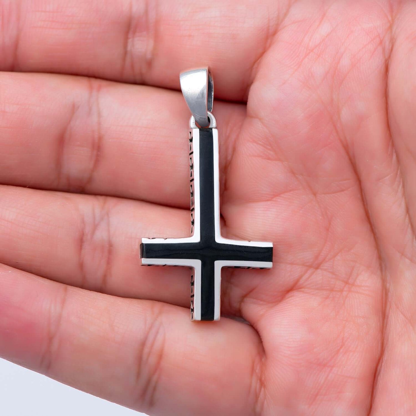 925 Sterling Silver Inverted Cross Satanic Pendant with Black Enamel - SilverMania925