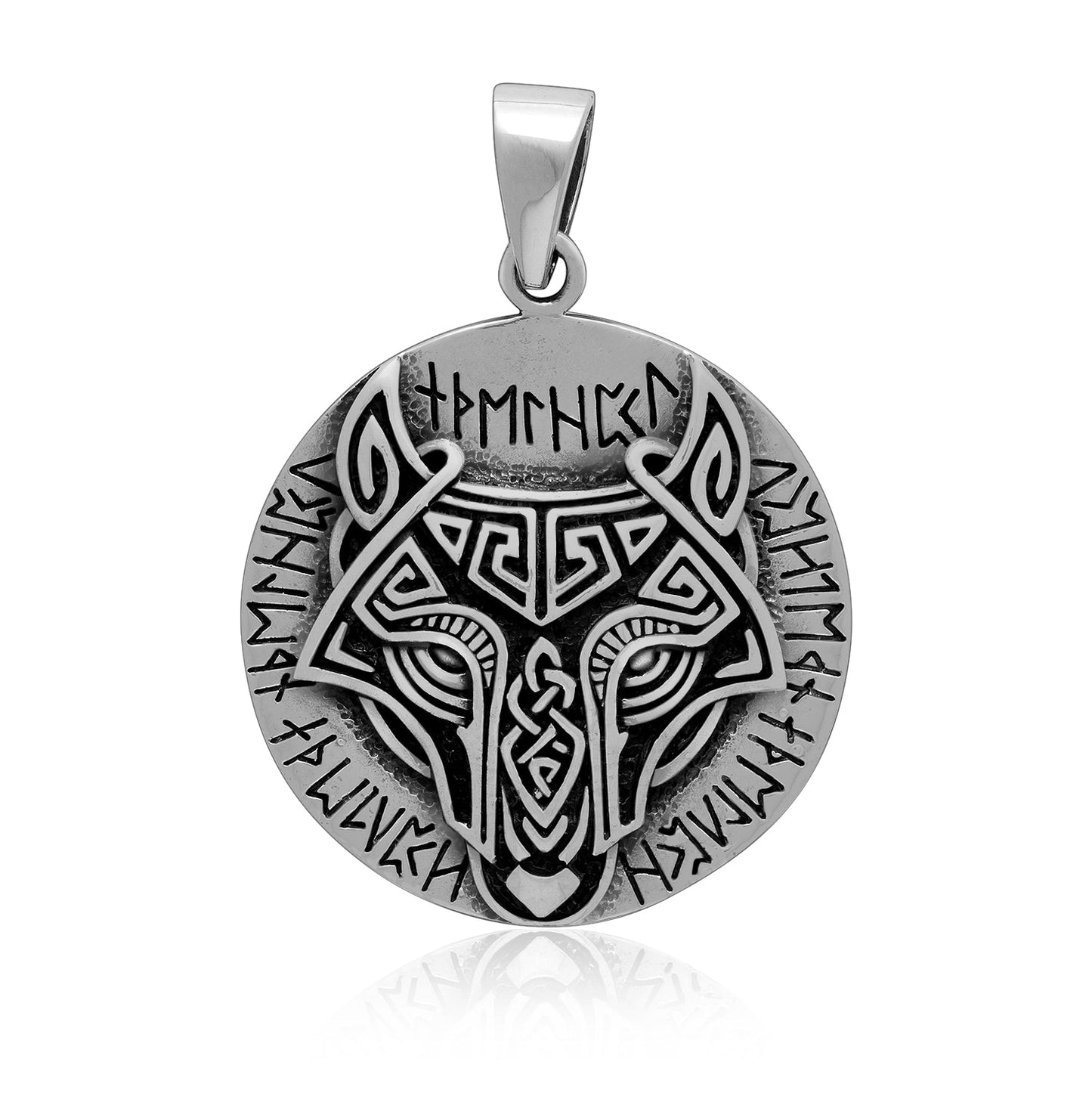 925 Sterling Silver Viking Wolf Head Pendant with Runes - SilverMania925