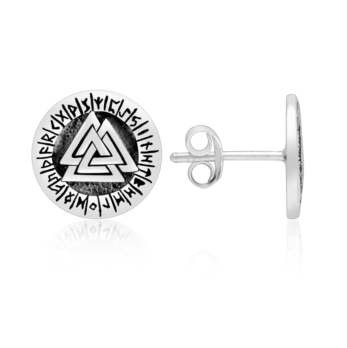 Sterling Silver Viking Valknut with Runes Stud Earrings Set - SilverMania925