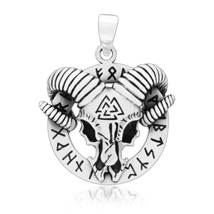 925 Sterling Silver Viking Goat Skull Amulet with Valknut and Runes
