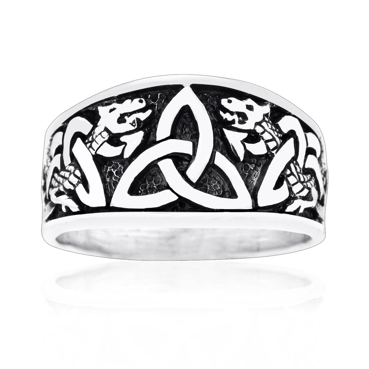 925 Sterling Silver Triquetra Band Ring with Jormungand - SilverMania925