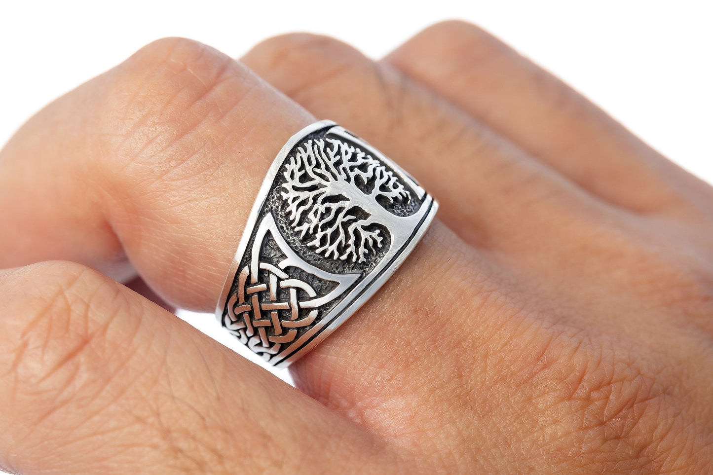 925 Sterling Silver Viking Yggdrasil with Celtic Knotwork Ring - SilverMania925