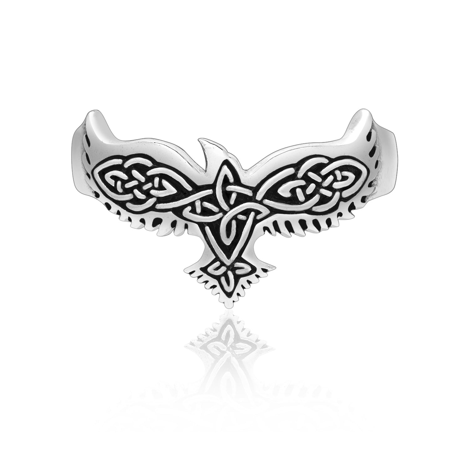 925 Sterling Silver Viking Raven Ring with Celtic Knotwork - SilverMania925