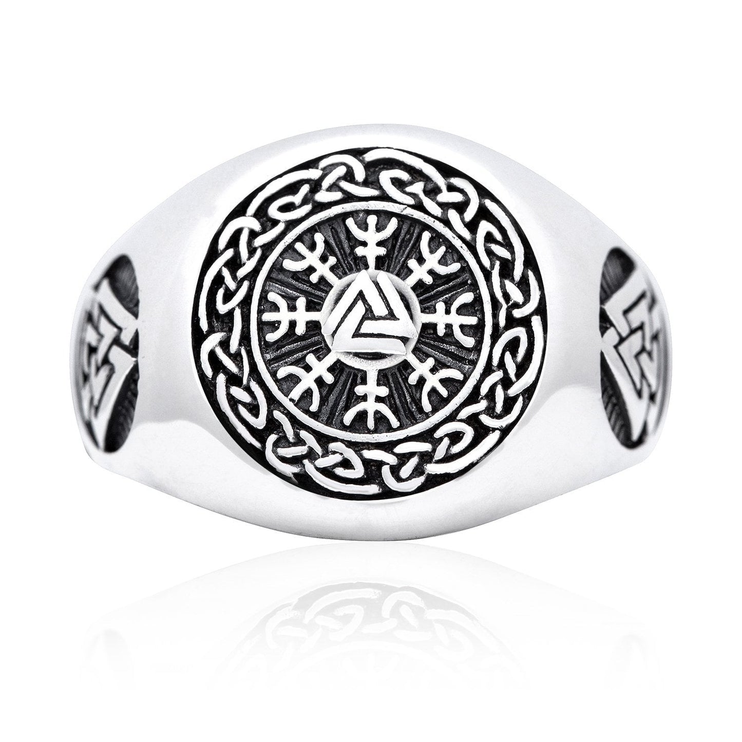 925 Sterling Silver Valknut Viking Helm of Awe Aegishjalmur Ring - SilverMania925